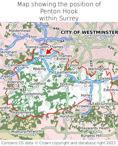 Map showing location of Penton Hook within Surrey