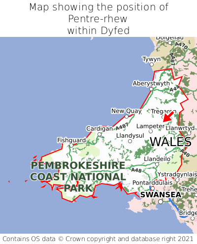 Map showing location of Pentre-rhew within Dyfed