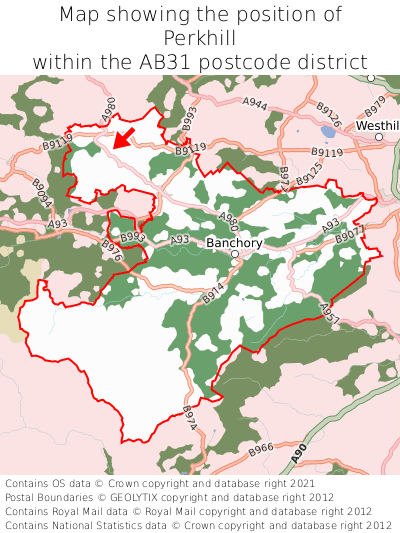 Map showing location of Perkhill within AB31