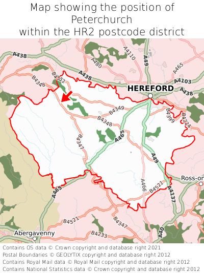 Map showing location of Peterchurch within HR2