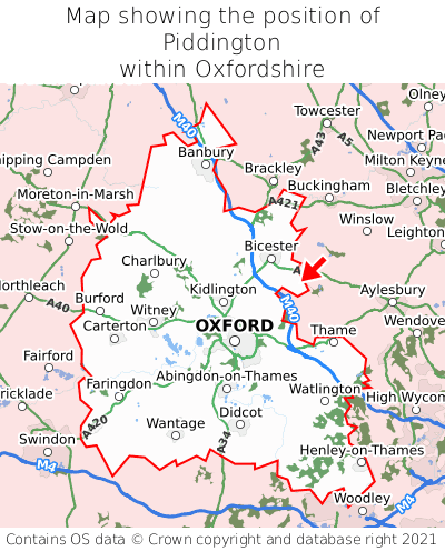 Map showing location of Piddington within Oxfordshire