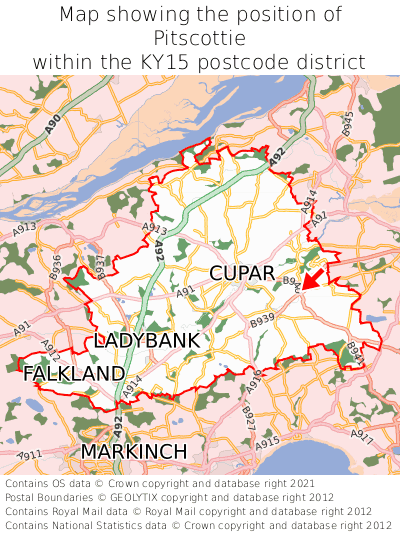 Map showing location of Pitscottie within KY15