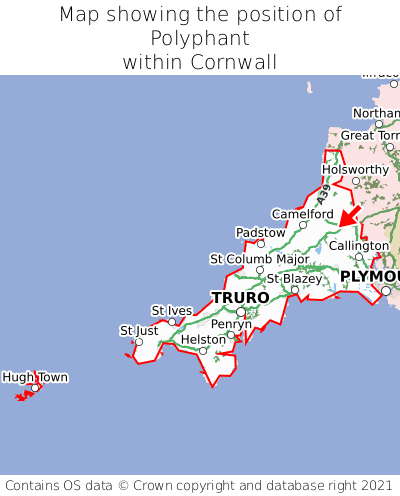 Map showing location of Polyphant within Cornwall