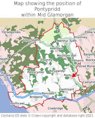 Map showing location of Pontypridd within Mid Glamorgan