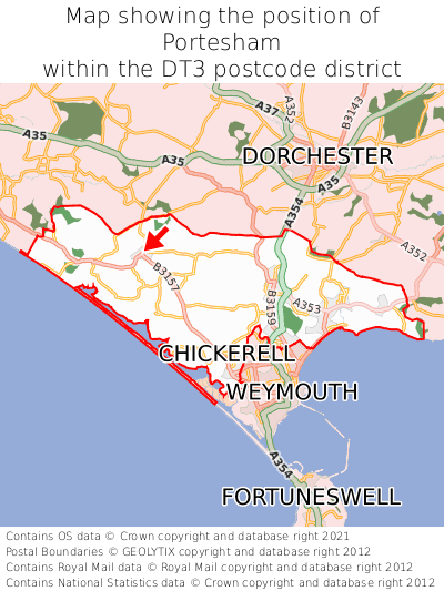 Map showing location of Portesham within DT3