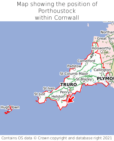 Map showing location of Porthoustock within Cornwall