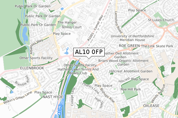 AL10 0FP map - small scale - OS Open Zoomstack (Ordnance Survey)