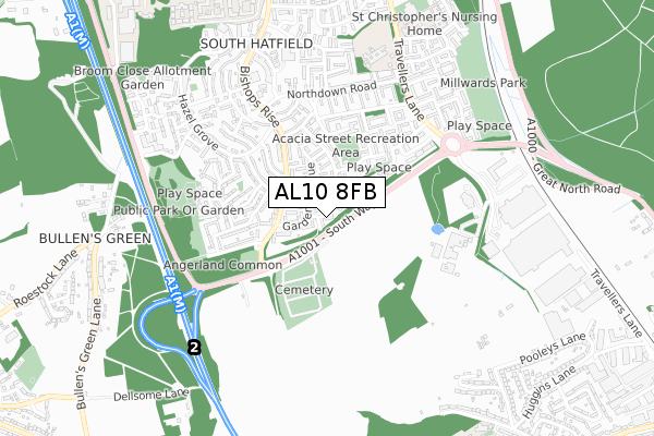 AL10 8FB map - small scale - OS Open Zoomstack (Ordnance Survey)