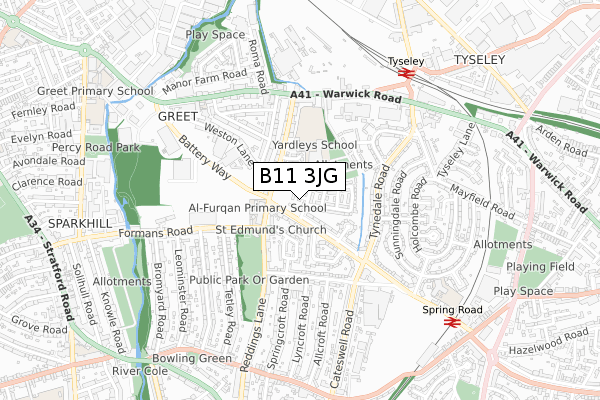 B11 3JG map - small scale - OS Open Zoomstack (Ordnance Survey)