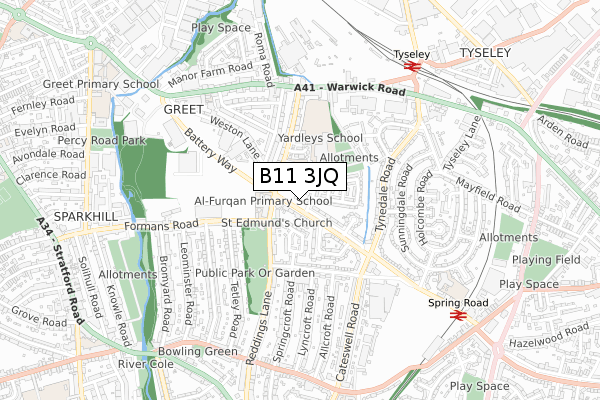B11 3JQ map - small scale - OS Open Zoomstack (Ordnance Survey)