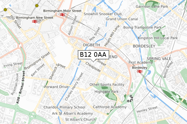 B12 0AA map - small scale - OS Open Zoomstack (Ordnance Survey)