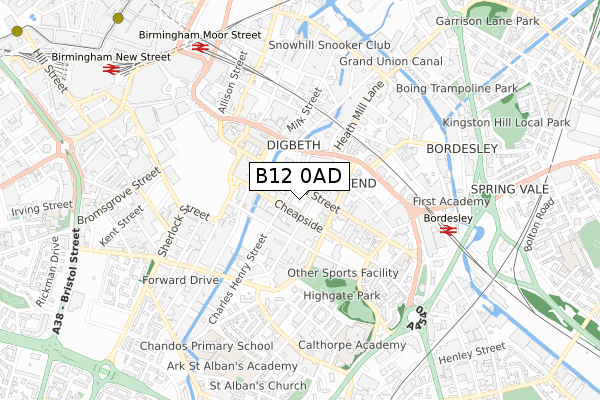 B12 0AD map - small scale - OS Open Zoomstack (Ordnance Survey)