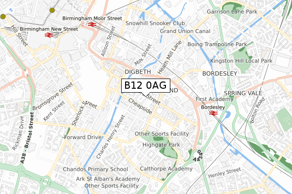 B12 0AG map - small scale - OS Open Zoomstack (Ordnance Survey)