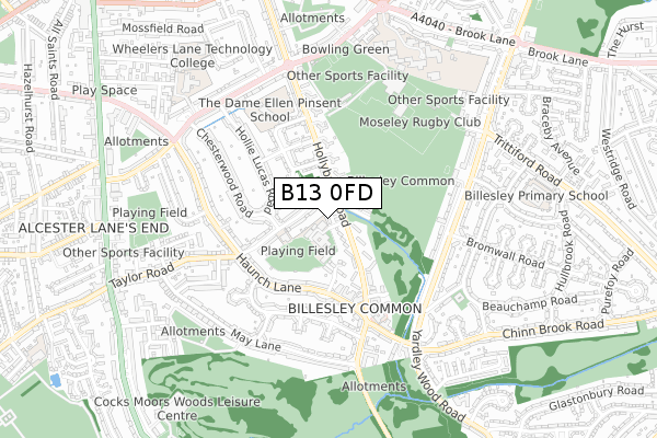 B13 0FD map - small scale - OS Open Zoomstack (Ordnance Survey)