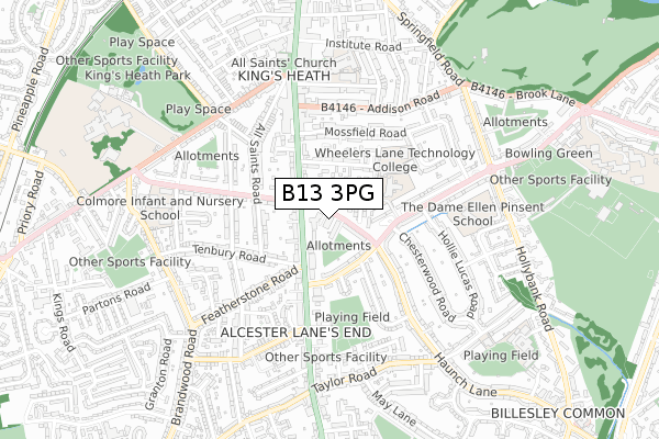 B13 3PG map - small scale - OS Open Zoomstack (Ordnance Survey)