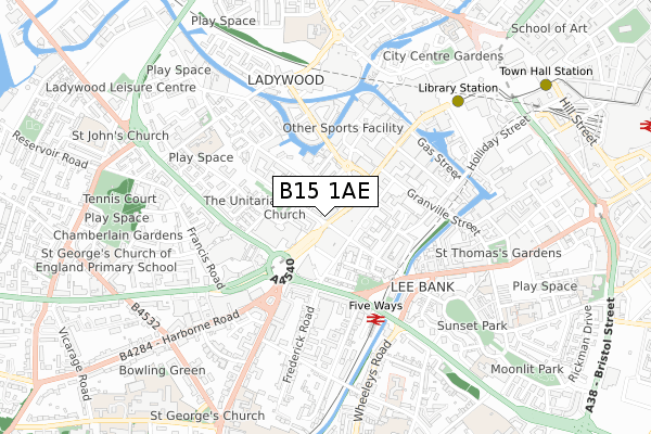 B15 1AE map - small scale - OS Open Zoomstack (Ordnance Survey)