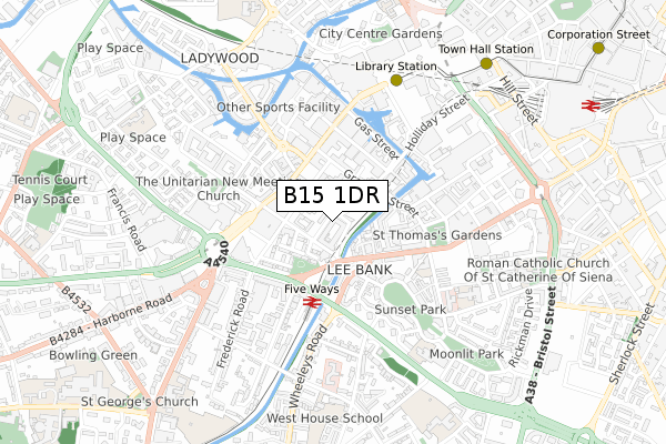 B15 1DR map - small scale - OS Open Zoomstack (Ordnance Survey)