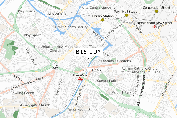 B15 1DY map - small scale - OS Open Zoomstack (Ordnance Survey)