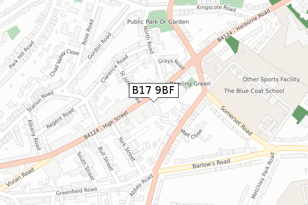 B17 9BF map - large scale - OS Open Zoomstack (Ordnance Survey)