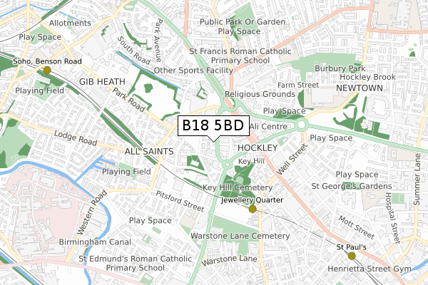 B18 5BD map - small scale - OS Open Zoomstack (Ordnance Survey)