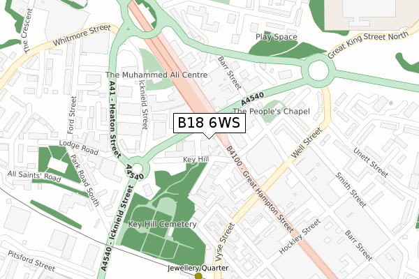 B18 6WS map - large scale - OS Open Zoomstack (Ordnance Survey)