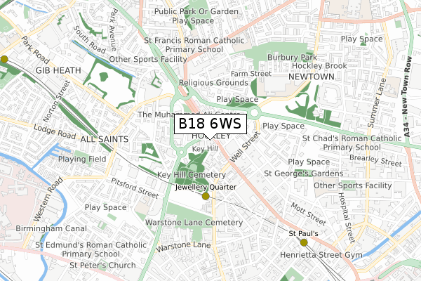 B18 6WS map - small scale - OS Open Zoomstack (Ordnance Survey)