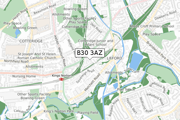 B30 3AZ map - small scale - OS Open Zoomstack (Ordnance Survey)