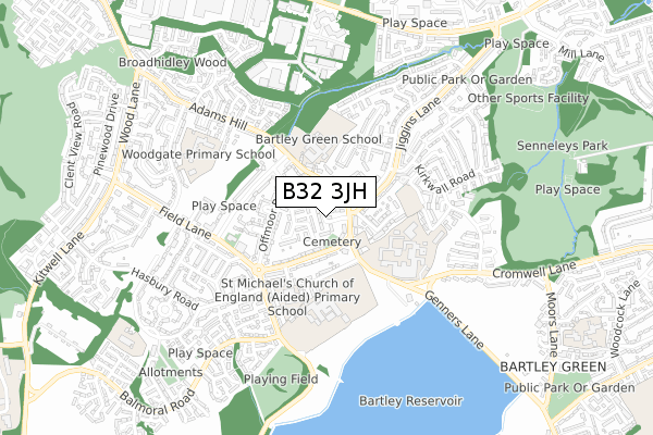 B32 3JH map - small scale - OS Open Zoomstack (Ordnance Survey)