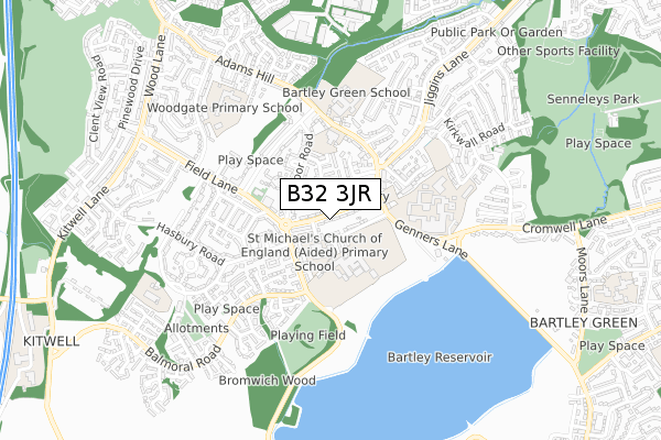 B32 3JR map - small scale - OS Open Zoomstack (Ordnance Survey)