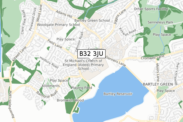 B32 3JU map - small scale - OS Open Zoomstack (Ordnance Survey)