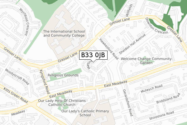 B33 0JB map - large scale - OS Open Zoomstack (Ordnance Survey)