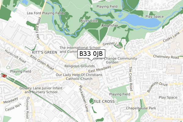 B33 0JB map - small scale - OS Open Zoomstack (Ordnance Survey)