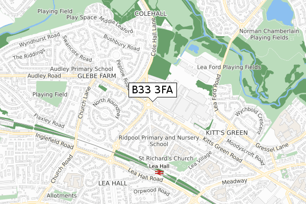 B33 3FA map - small scale - OS Open Zoomstack (Ordnance Survey)