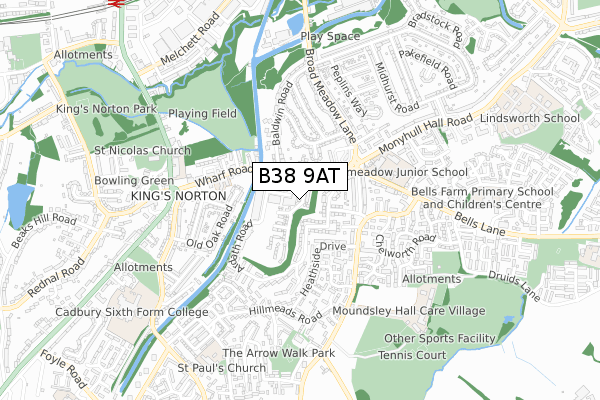 B38 9AT map - small scale - OS Open Zoomstack (Ordnance Survey)