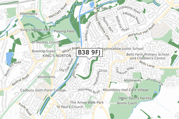 B38 9FJ map - small scale - OS Open Zoomstack (Ordnance Survey)