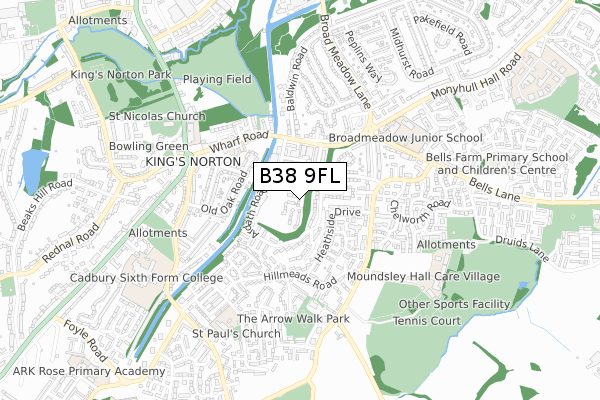 B38 9FL map - small scale - OS Open Zoomstack (Ordnance Survey)