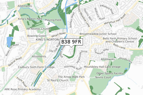 B38 9FR map - small scale - OS Open Zoomstack (Ordnance Survey)