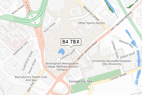 B4 7BX map - large scale - OS Open Zoomstack (Ordnance Survey)