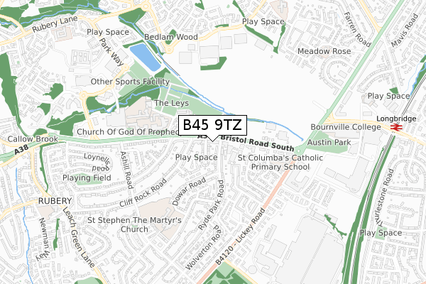 B45 9TZ map - small scale - OS Open Zoomstack (Ordnance Survey)