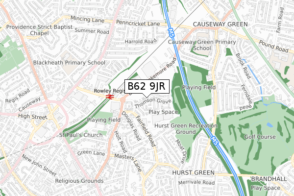 B62 9JR map - small scale - OS Open Zoomstack (Ordnance Survey)