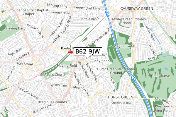 B62 9JW map - small scale - OS Open Zoomstack (Ordnance Survey)