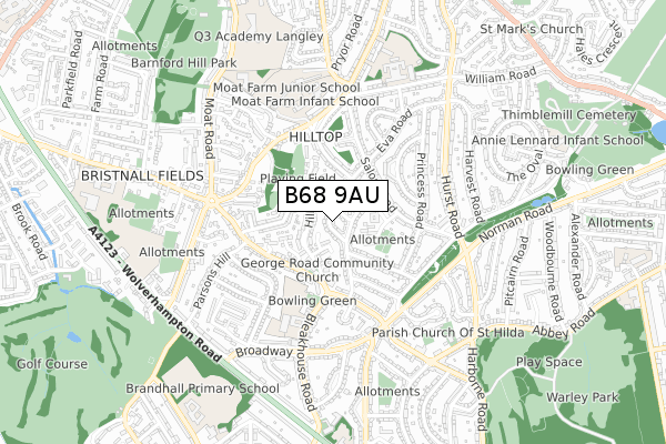 B68 9AU map - small scale - OS Open Zoomstack (Ordnance Survey)