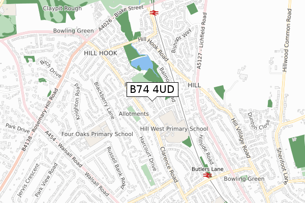 B74 4UD map - small scale - OS Open Zoomstack (Ordnance Survey)