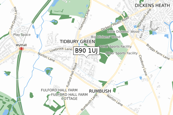 B90 1UJ map - small scale - OS Open Zoomstack (Ordnance Survey)