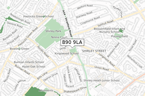 B90 9LA map - small scale - OS Open Zoomstack (Ordnance Survey)