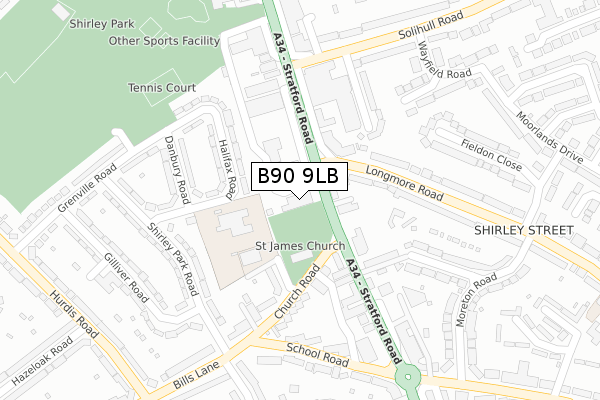 B90 9LB map - large scale - OS Open Zoomstack (Ordnance Survey)