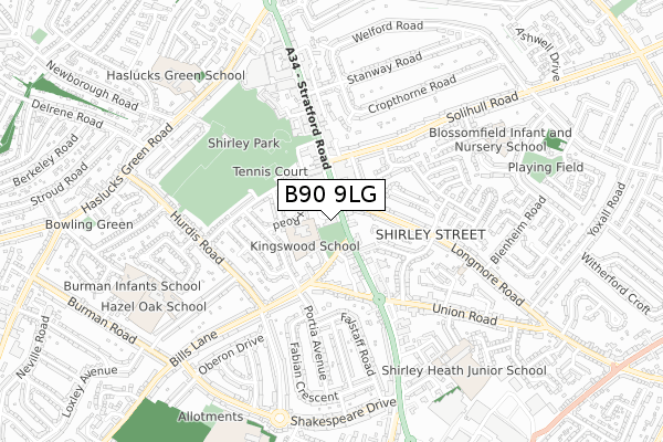 B90 9LG map - small scale - OS Open Zoomstack (Ordnance Survey)