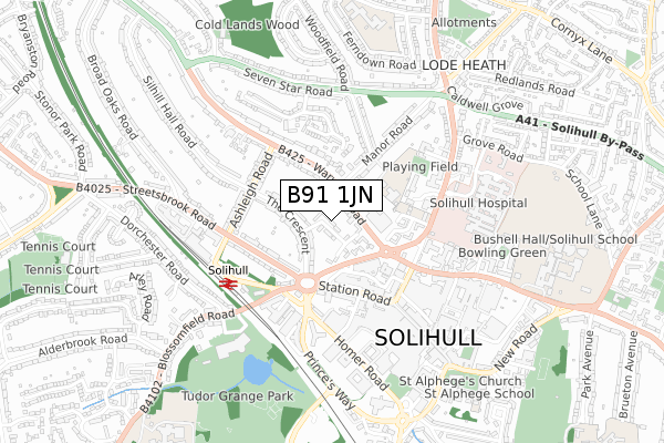 B91 1JN map - small scale - OS Open Zoomstack (Ordnance Survey)