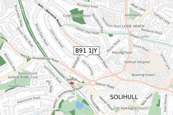 B91 1JY map - small scale - OS Open Zoomstack (Ordnance Survey)