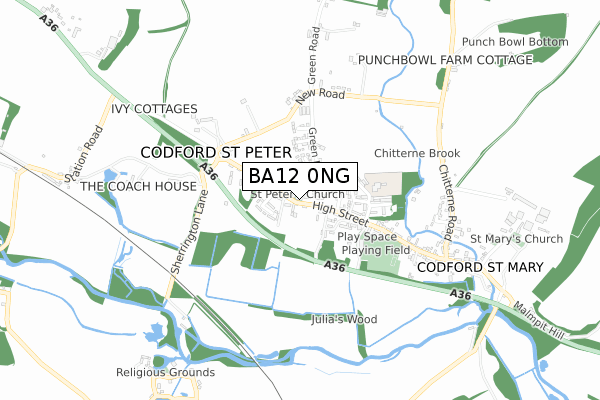 BA12 0NG map - small scale - OS Open Zoomstack (Ordnance Survey)